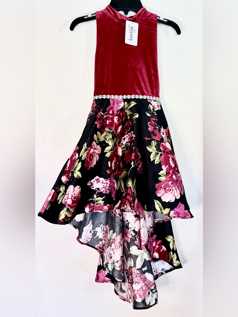 Speechless Girls Burgundy Velvet Bodice with Black Floral High-Low dress Size 8